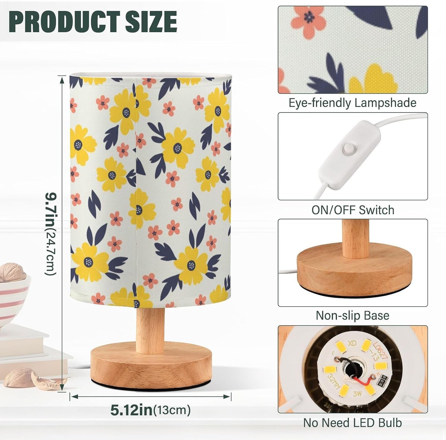 Yellow Flowers Table Lamp Bedroom Bedside Night Reading Desk Lamps Cylinder Nightstand Sleeping Light Lamp for Living Room Office Decor