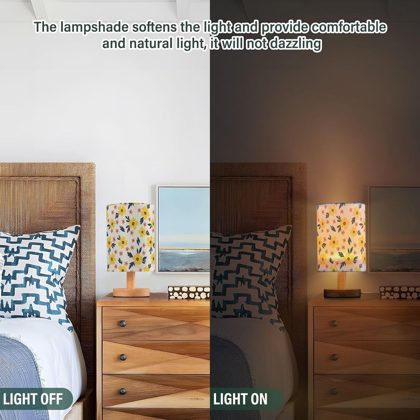Yellow Flowers Table Lamp Bedroom Bedside Night Reading Desk Lamps Cylinder Nightstand Sleeping Light Lamp for Living Room Office Decor