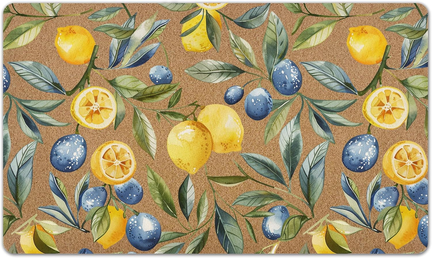 Mediterranean Lemon Door Mat, Mediterranean Sicilian Lemons Front Door Mat Outside Entrance, Blueberry Lemons Artificial Coir Doormat Rugs for Porch Patio Entry Indoor Entryway, 17x30 Inch