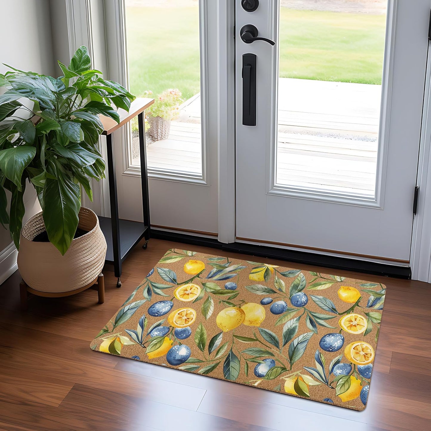 Mediterranean Lemon Door Mat, Mediterranean Sicilian Lemons Front Door Mat Outside Entrance, Blueberry Lemons Artificial Coir Doormat Rugs for Porch Patio Entry Indoor Entryway, 17x30 Inch