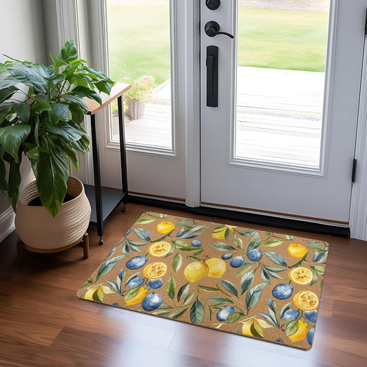Mediterranean Lemon Door Mat, Mediterranean Sicilian Lemons Front Door Mat Outside Entrance, Blueberry Lemons Artificial Coir Doormat Rugs for Porch Patio Entry Indoor Entryway, 17x30 Inch