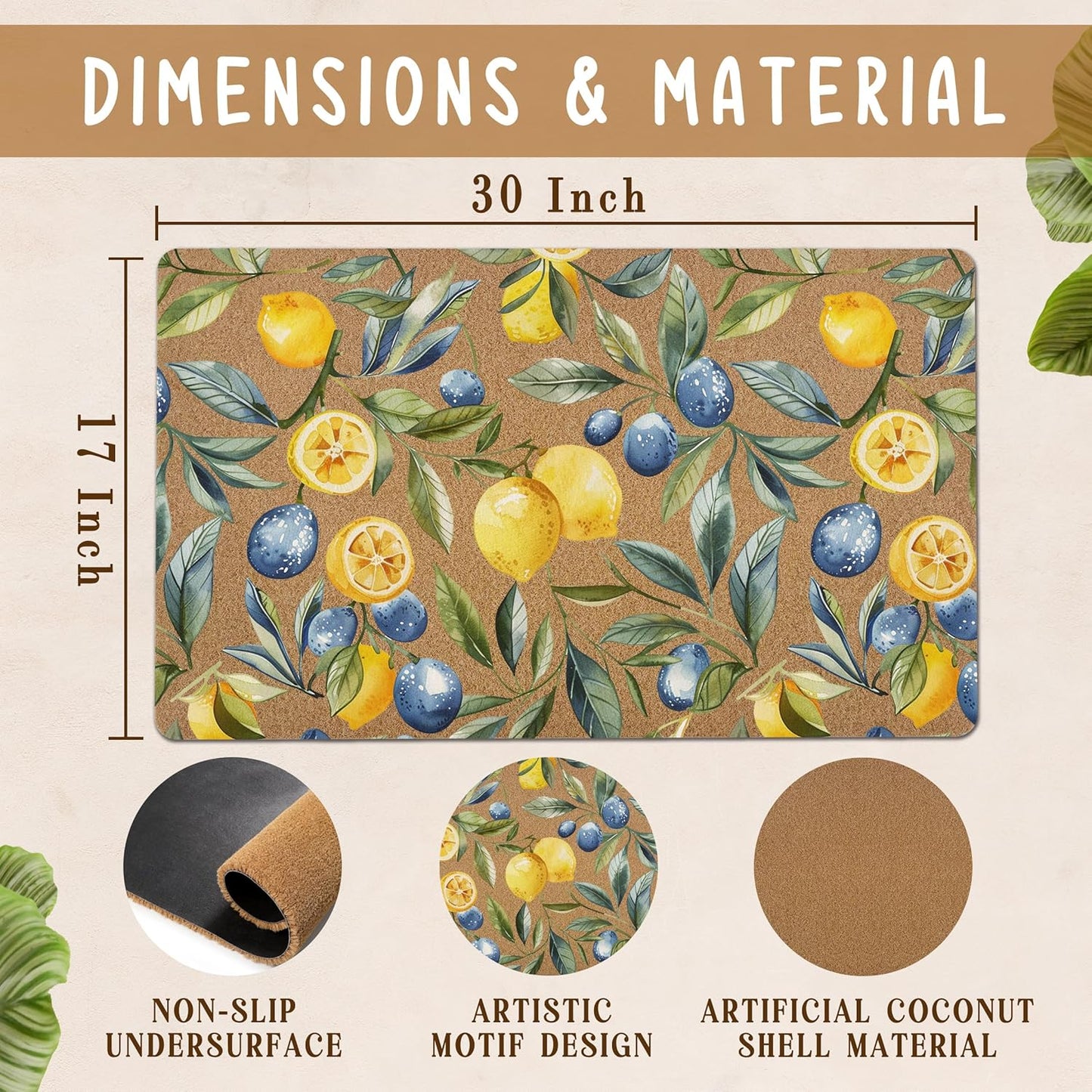 Mediterranean Lemon Door Mat, Mediterranean Sicilian Lemons Front Door Mat Outside Entrance, Blueberry Lemons Artificial Coir Doormat Rugs for Porch Patio Entry Indoor Entryway, 17x30 Inch