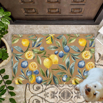 Mediterranean Lemon Door Mat, Mediterranean Sicilian Lemons Front Door Mat Outside Entrance, Blueberry Lemons Artificial Coir Doormat Rugs for Porch Patio Entry Indoor Entryway, 17x30 Inch