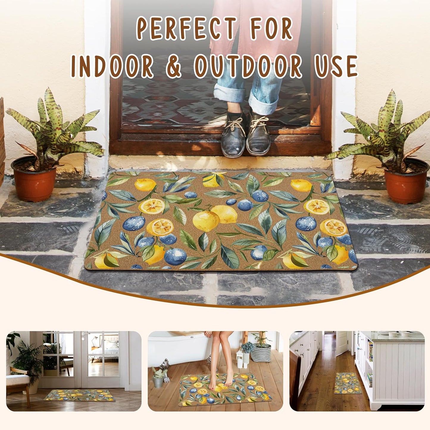 Mediterranean Lemon Door Mat, Mediterranean Sicilian Lemons Front Door Mat Outside Entrance, Blueberry Lemons Artificial Coir Doormat Rugs for Porch Patio Entry Indoor Entryway, 17x30 Inch