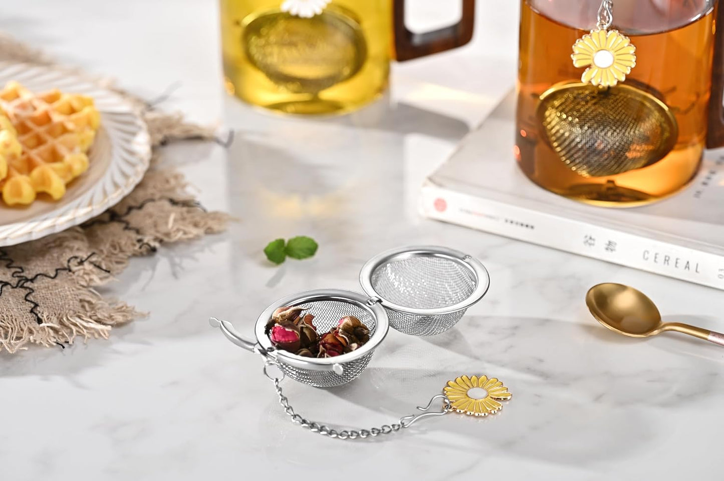 Fox Run Yellow Daisy Tea Infuser Ball, Stainless Steel Mesh Tea Ball for Loose Tea