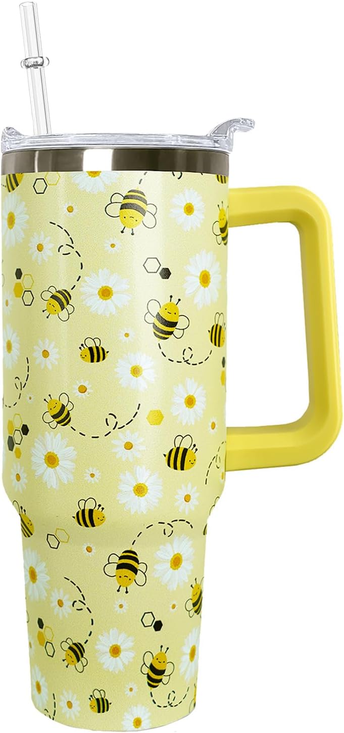 Ceovfoi 40 oz Lemon Print Stainless Steel Tumbler With Lid and Straw - Yellow Coffee Travel Mug Cup Water Bottle - Gifts for Lemon Lovers