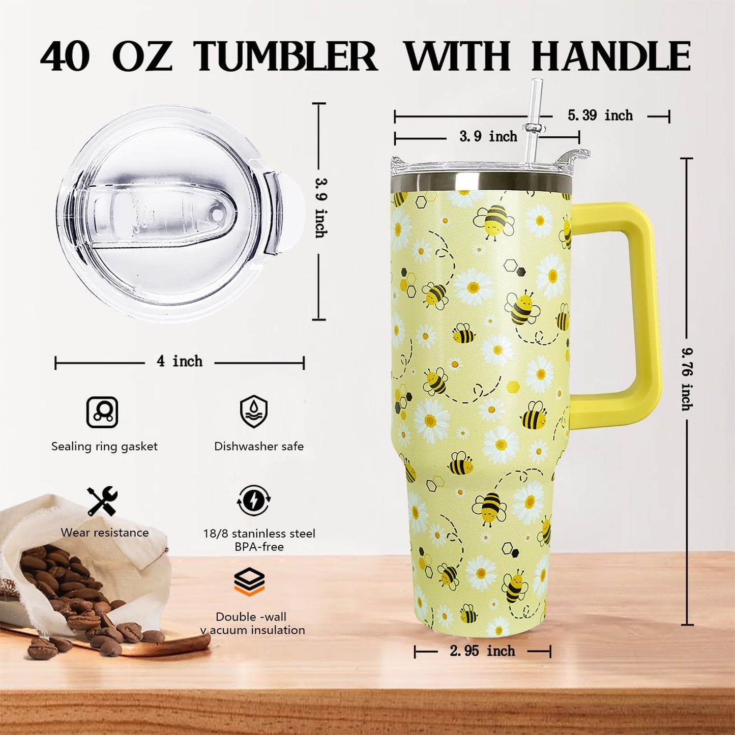 Ceovfoi 40 oz Lemon Print Stainless Steel Tumbler With Lid and Straw - Yellow Coffee Travel Mug Cup Water Bottle - Gifts for Lemon Lovers