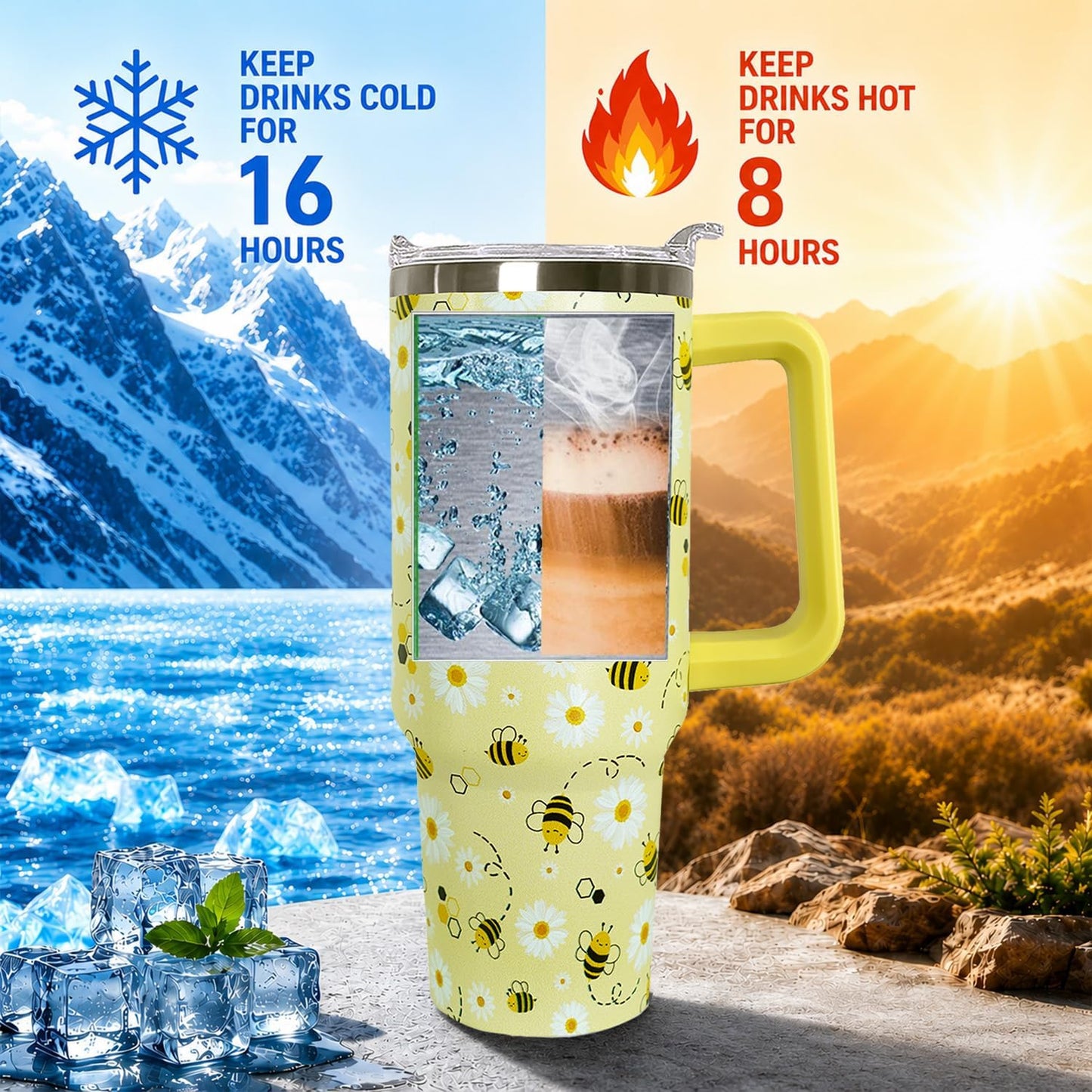 Ceovfoi 40 oz Lemon Print Stainless Steel Tumbler With Lid and Straw - Yellow Coffee Travel Mug Cup Water Bottle - Gifts for Lemon Lovers