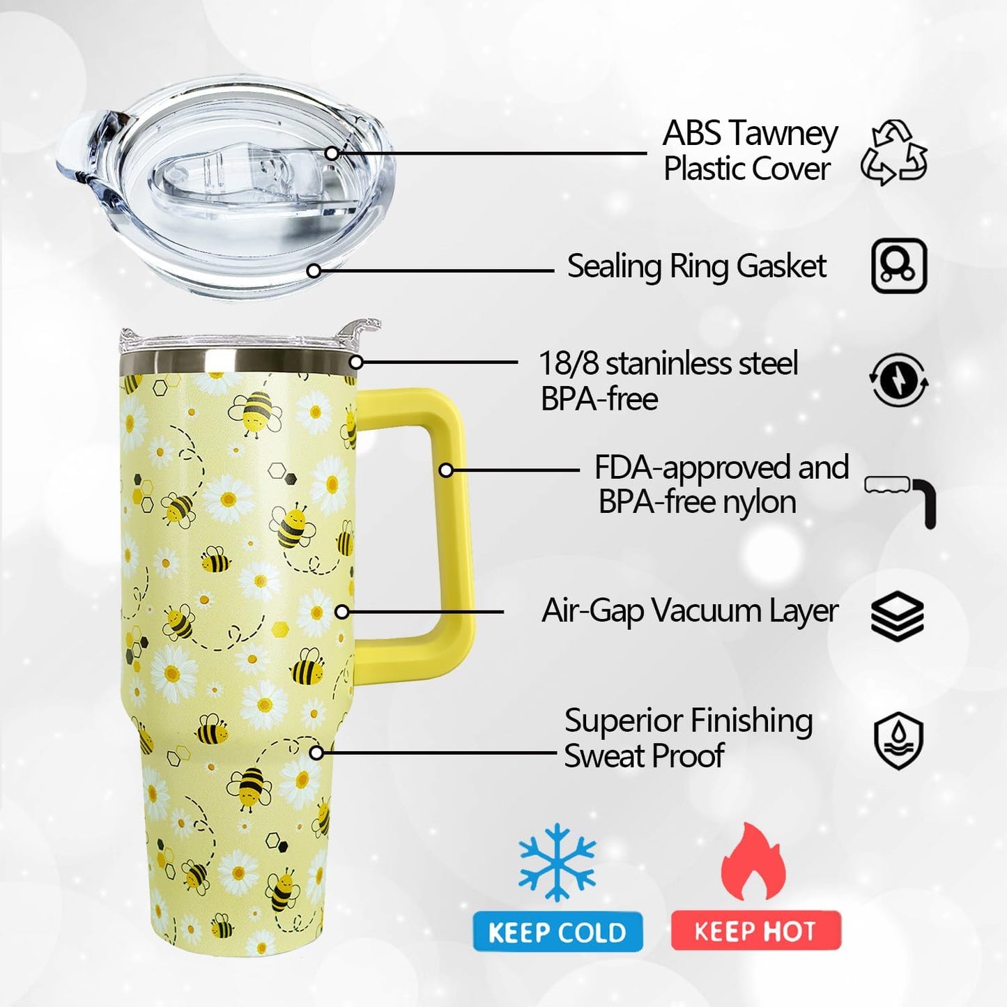 Ceovfoi 40 oz Lemon Print Stainless Steel Tumbler With Lid and Straw - Yellow Coffee Travel Mug Cup Water Bottle - Gifts for Lemon Lovers