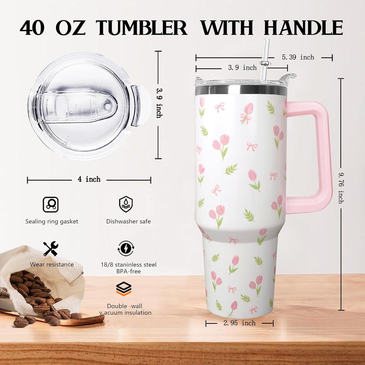 Ceovfoi 40 oz Lemon Print Stainless Steel Tumbler With Lid and Straw - Yellow Coffee Travel Mug Cup Water Bottle - Gifts for Lemon Lovers