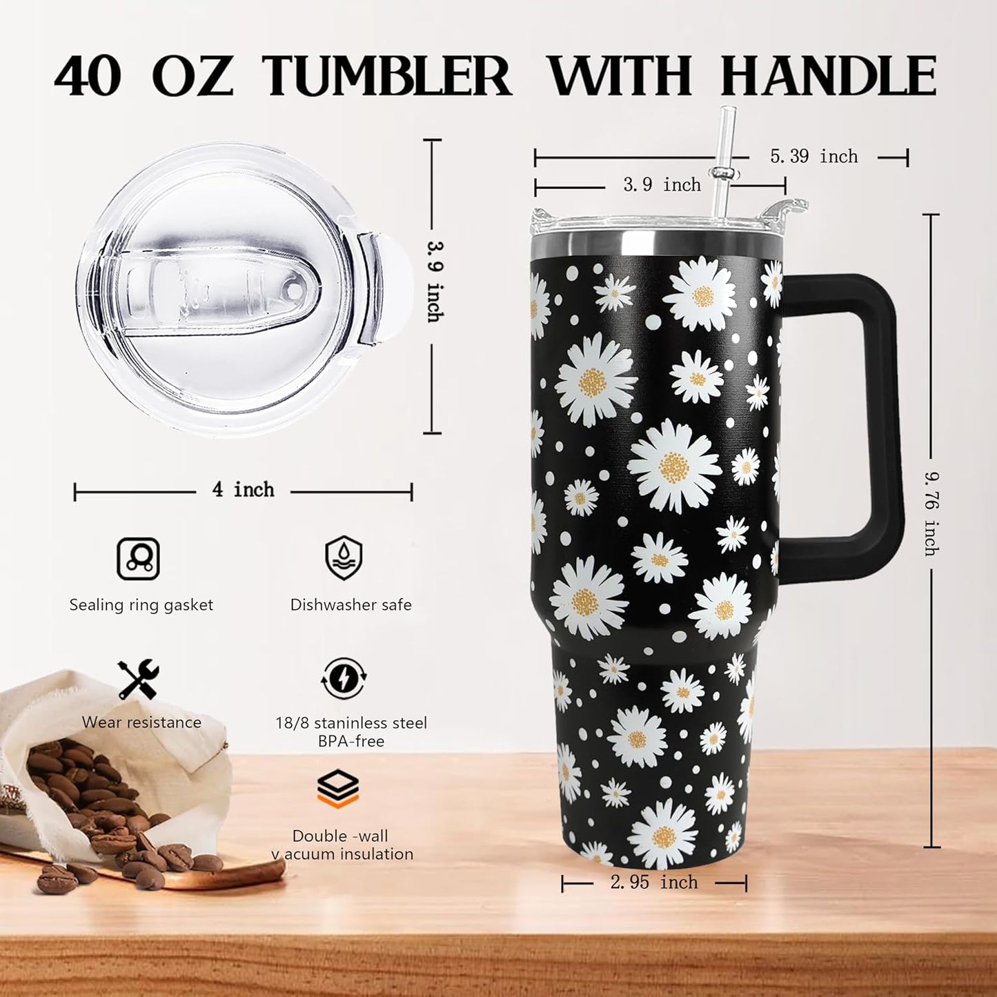 Ceovfoi 40 oz Lemon Print Stainless Steel Tumbler With Lid and Straw - Yellow Coffee Travel Mug Cup Water Bottle - Gifts for Lemon Lovers