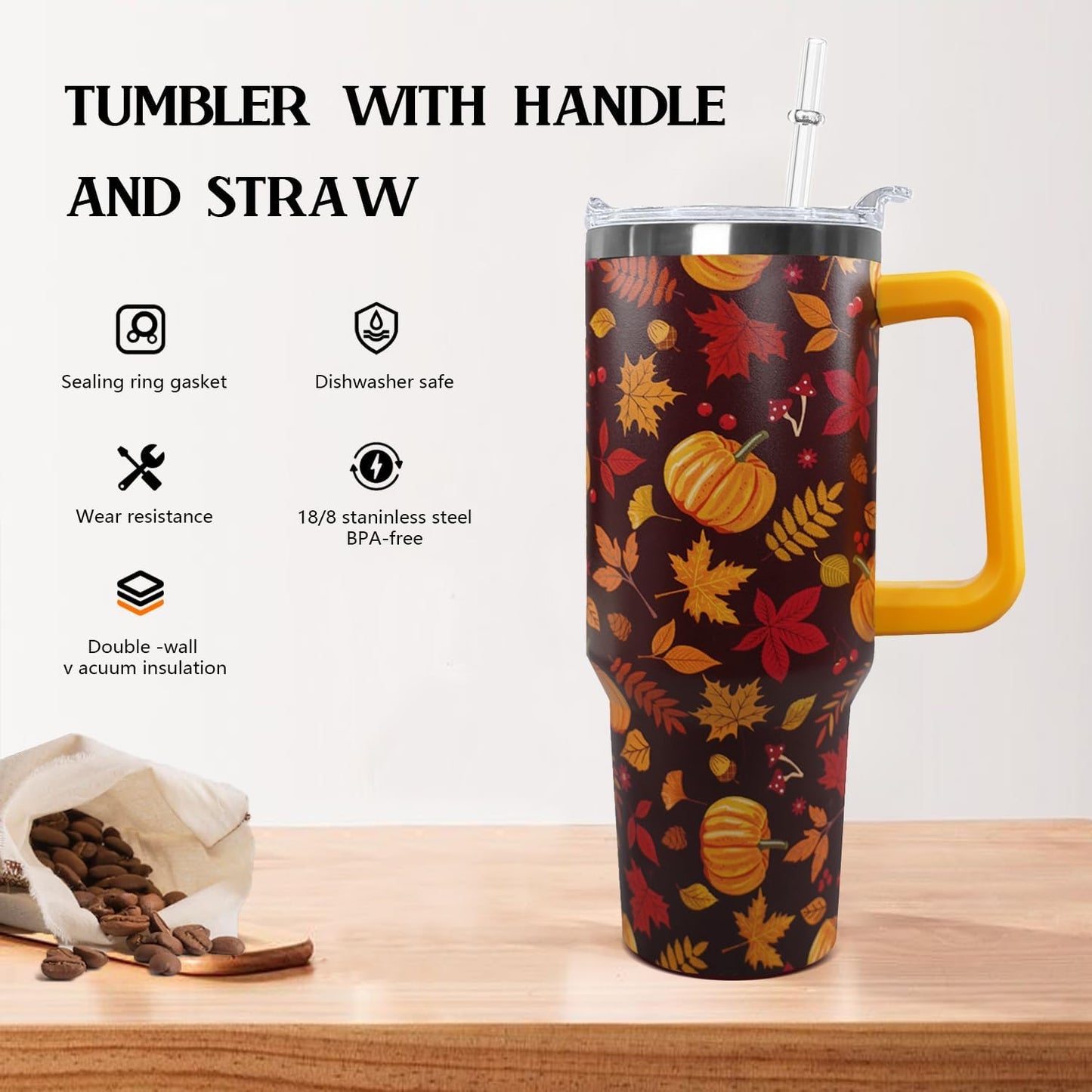 Ceovfoi 40 oz Lemon Print Stainless Steel Tumbler With Lid and Straw - Yellow Coffee Travel Mug Cup Water Bottle - Gifts for Lemon Lovers