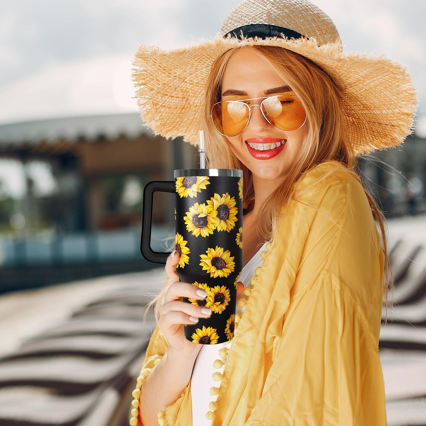Ceovfoi 40 oz Lemon Print Stainless Steel Tumbler With Lid and Straw - Yellow Coffee Travel Mug Cup Water Bottle - Gifts for Lemon Lovers