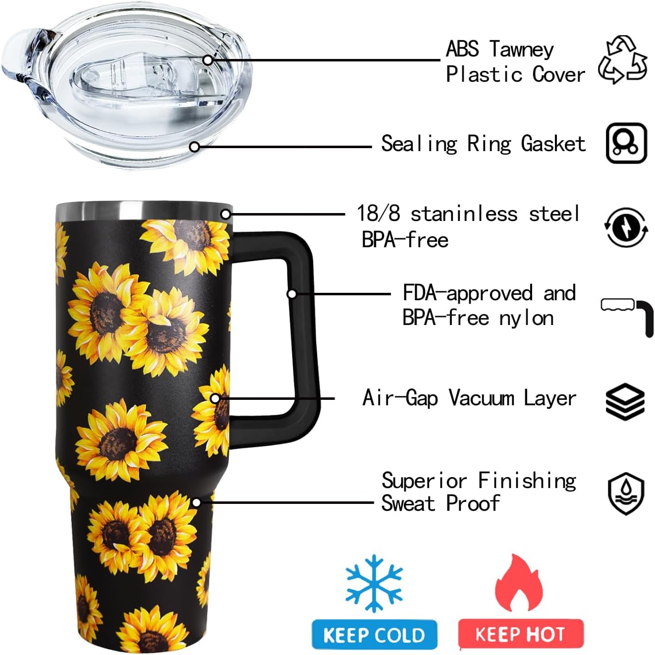 Ceovfoi 40 oz Lemon Print Stainless Steel Tumbler With Lid and Straw - Yellow Coffee Travel Mug Cup Water Bottle - Gifts for Lemon Lovers
