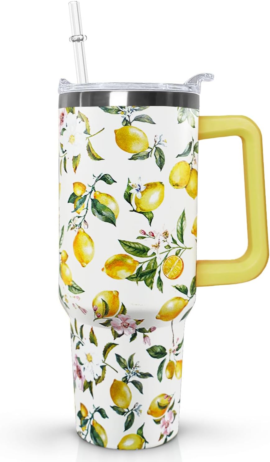 Ceovfoi 40 oz Lemon Print Stainless Steel Tumbler With Lid and Straw - Yellow Coffee Travel Mug Cup Water Bottle - Gifts for Lemon Lovers