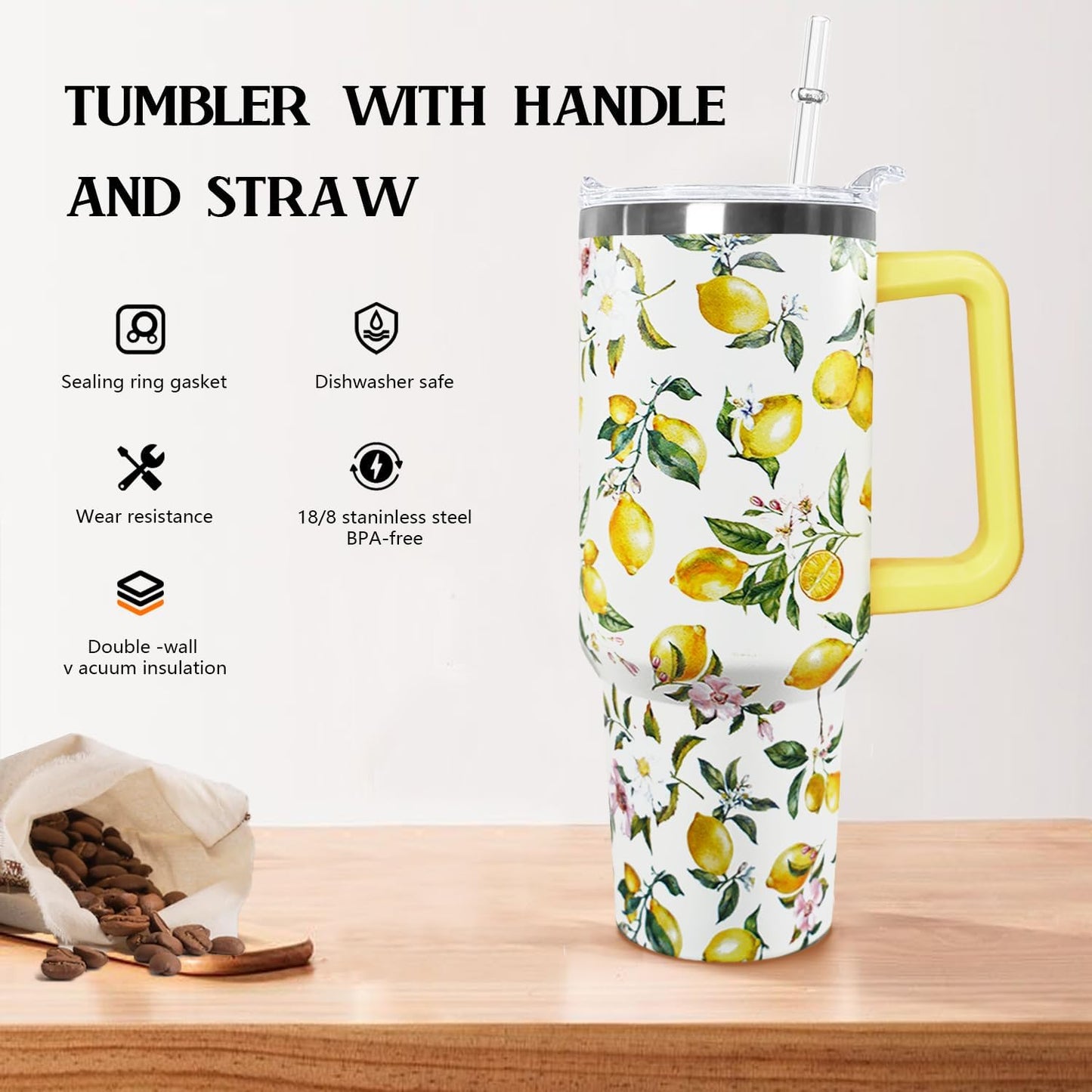 Ceovfoi 40 oz Lemon Print Stainless Steel Tumbler With Lid and Straw - Yellow Coffee Travel Mug Cup Water Bottle - Gifts for Lemon Lovers