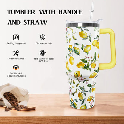 Ceovfoi 40 oz Lemon Print Stainless Steel Tumbler With Lid and Straw - Yellow Coffee Travel Mug Cup Water Bottle - Gifts for Lemon Lovers