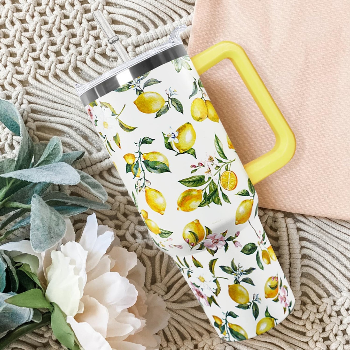 Ceovfoi 40 oz Lemon Print Stainless Steel Tumbler With Lid and Straw - Yellow Coffee Travel Mug Cup Water Bottle - Gifts for Lemon Lovers