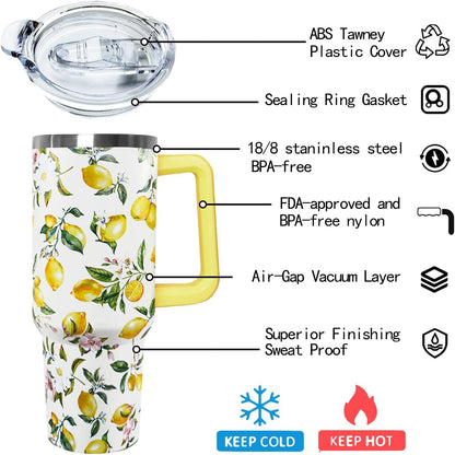 Ceovfoi 40 oz Lemon Print Stainless Steel Tumbler With Lid and Straw - Yellow Coffee Travel Mug Cup Water Bottle - Gifts for Lemon Lovers