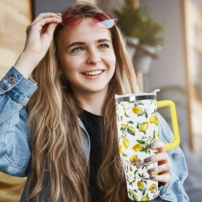 Ceovfoi 40 oz Lemon Print Stainless Steel Tumbler With Lid and Straw - Yellow Coffee Travel Mug Cup Water Bottle - Gifts for Lemon Lovers