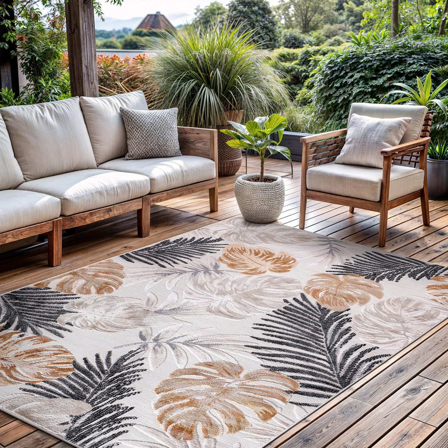 CAMILSON Indoor Outdoor Rug, Yellow 6’x9’ Leaf Tropical Botanical Area Rugs for Indoor and Outdoor patios, Easy-Cleaning Non-Shedding Living Room, Garden and Kitchen Washable Outside Carpet (6x9)