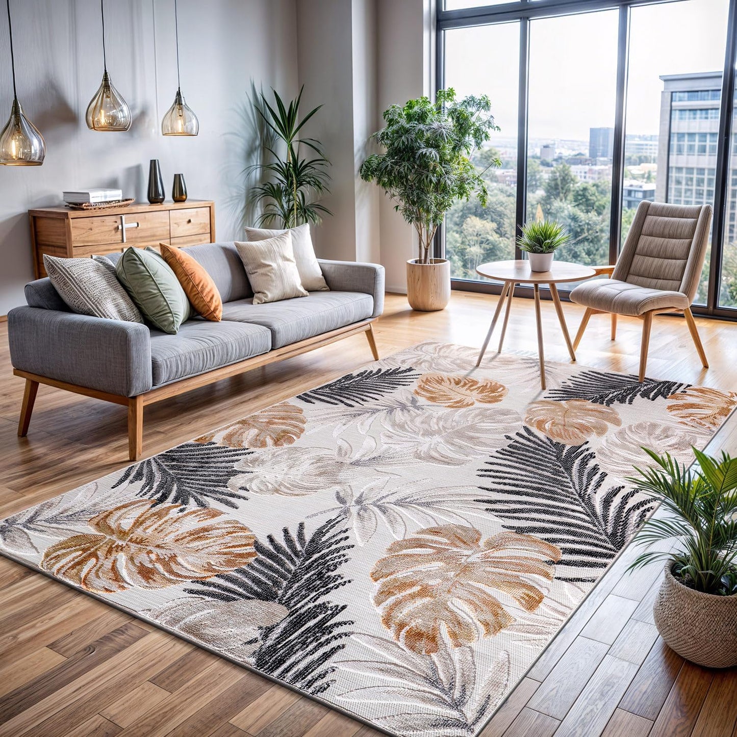 CAMILSON Indoor Outdoor Rug, Yellow 6’x9’ Leaf Tropical Botanical Area Rugs for Indoor and Outdoor patios, Easy-Cleaning Non-Shedding Living Room, Garden and Kitchen Washable Outside Carpet (6x9)