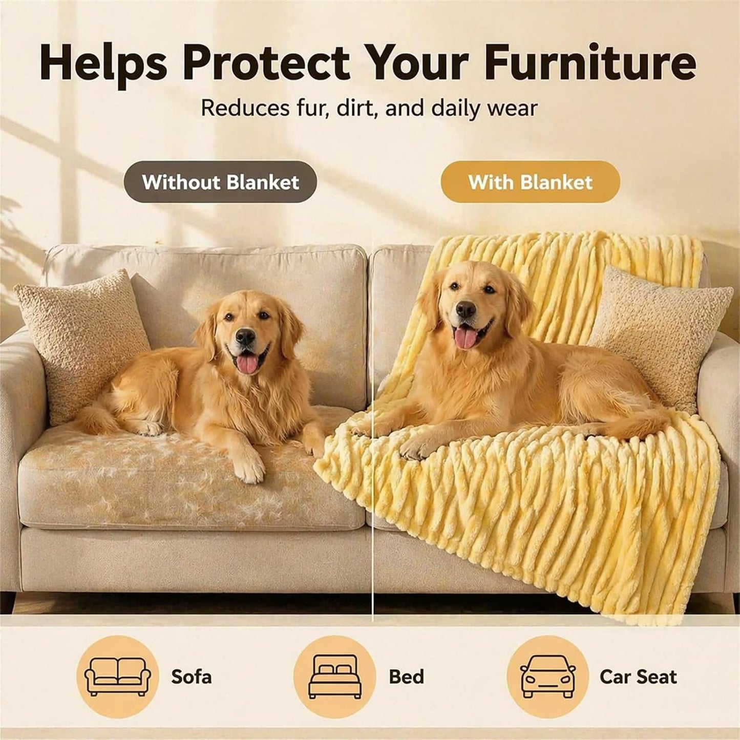 Emotional Support Blanket Yellow, Dog Mood Calming Blanket, Ribbed Flannel Soft Double-Sided Plush Pet Blanket for Dogs & Cats, Thick Cozy Throw for Couch Bed Crate, Machine Washable (Yellow, 28*39in)