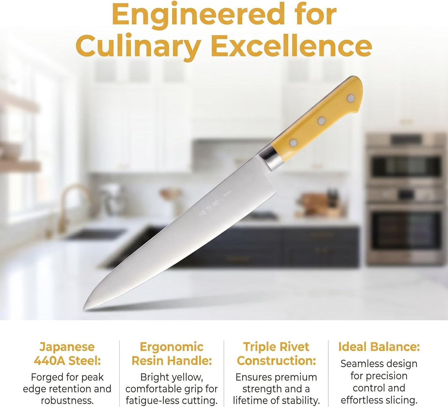 Japanese Chef Knife - 9.5 inch Professional Gyuto with Yellow Ergonomic Handle, High Carbon Stainless Steel Blade, Ideal for Sushi and Household Use