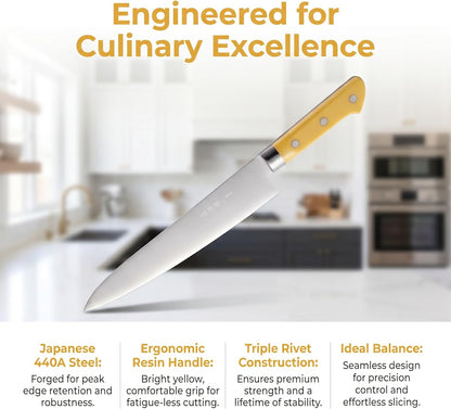 Japanese Chef Knife - 9.5 inch Professional Gyuto with Yellow Ergonomic Handle, High Carbon Stainless Steel Blade, Ideal for Sushi and Household Use