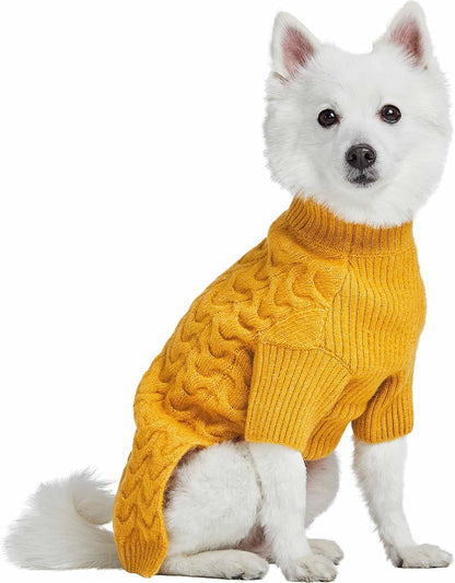 Dog Sweater - Mustard Yellow Fuzzy Knit Turtle-Neck Christmas Style, Puppy Clothes & Pajamas, Sweater Vest for Small Dogs, Accessories, 10" Back Length