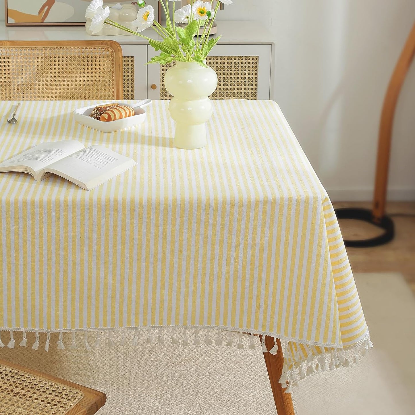 Striped Tablecloth Square Tablecloths Cotton Blend Table Cloth Washable Tabletop Decorative Fabric Table Cover for Kitchen Dinning (Yellow, 36 x 36 Inch)