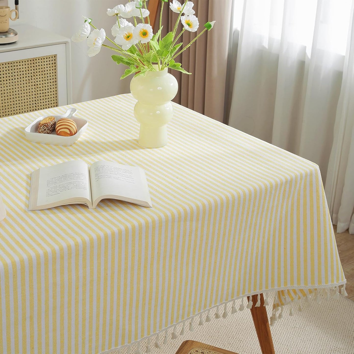Striped Tablecloth Square Tablecloths Cotton Blend Table Cloth Washable Tabletop Decorative Fabric Table Cover for Kitchen Dinning (Yellow, 36 x 36 Inch)