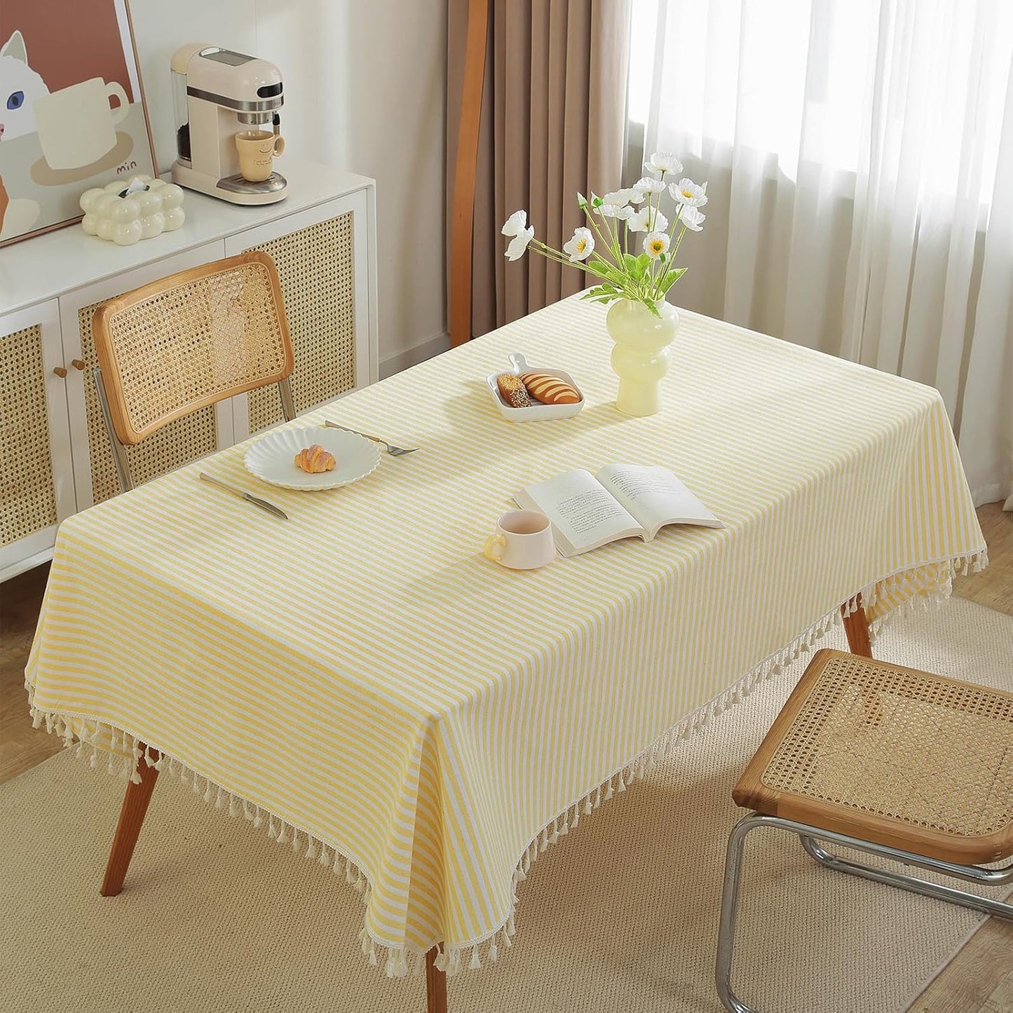 Striped Tablecloth Square Tablecloths Cotton Blend Table Cloth Washable Tabletop Decorative Fabric Table Cover for Kitchen Dinning (Yellow, 36 x 36 Inch)