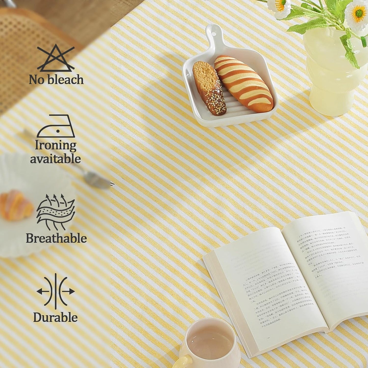 Striped Tablecloth Square Tablecloths Cotton Blend Table Cloth Washable Tabletop Decorative Fabric Table Cover for Kitchen Dinning (Yellow, 36 x 36 Inch)