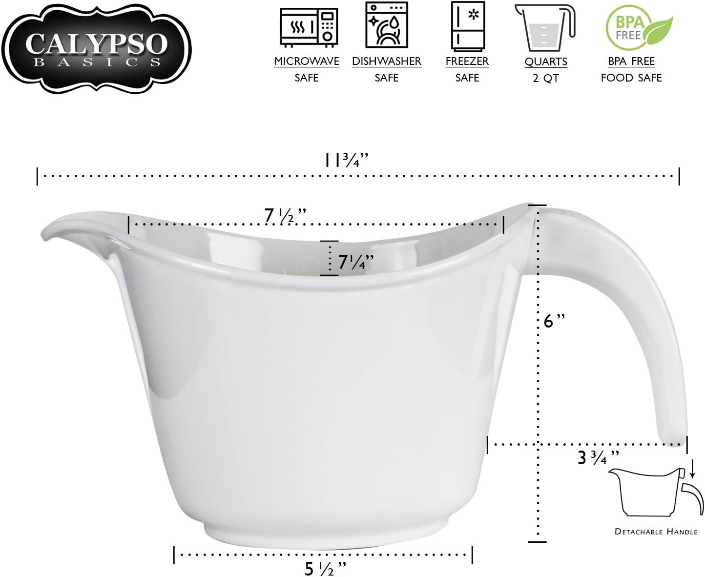 Batter Bowl With Pour Spout, Non-Slip Base, Erogonomic Space Saving Detachable Handle, 2 QT Heavy Duty BPA-Free Microwave & Dishwasher Safe, Lemon, Yellow