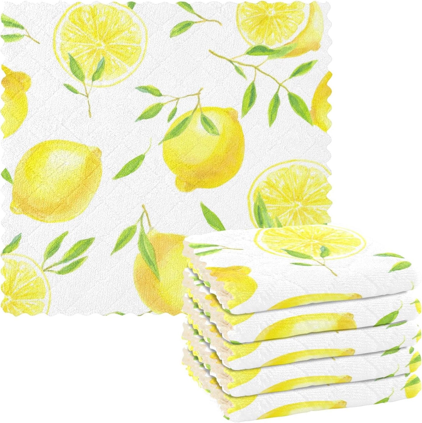 Lemons Leaves Kitchen Dish Cloths, 6 Pack Reusable Dish Rags for Washing Dishes, Microfiber Cleaning Cloths Dish Towels Washcloths for Kitchen Drying