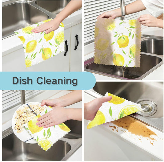 Lemons Leaves Kitchen Dish Cloths, 6 Pack Reusable Dish Rags for Washing Dishes, Microfiber Cleaning Cloths Dish Towels Washcloths for Kitchen Drying