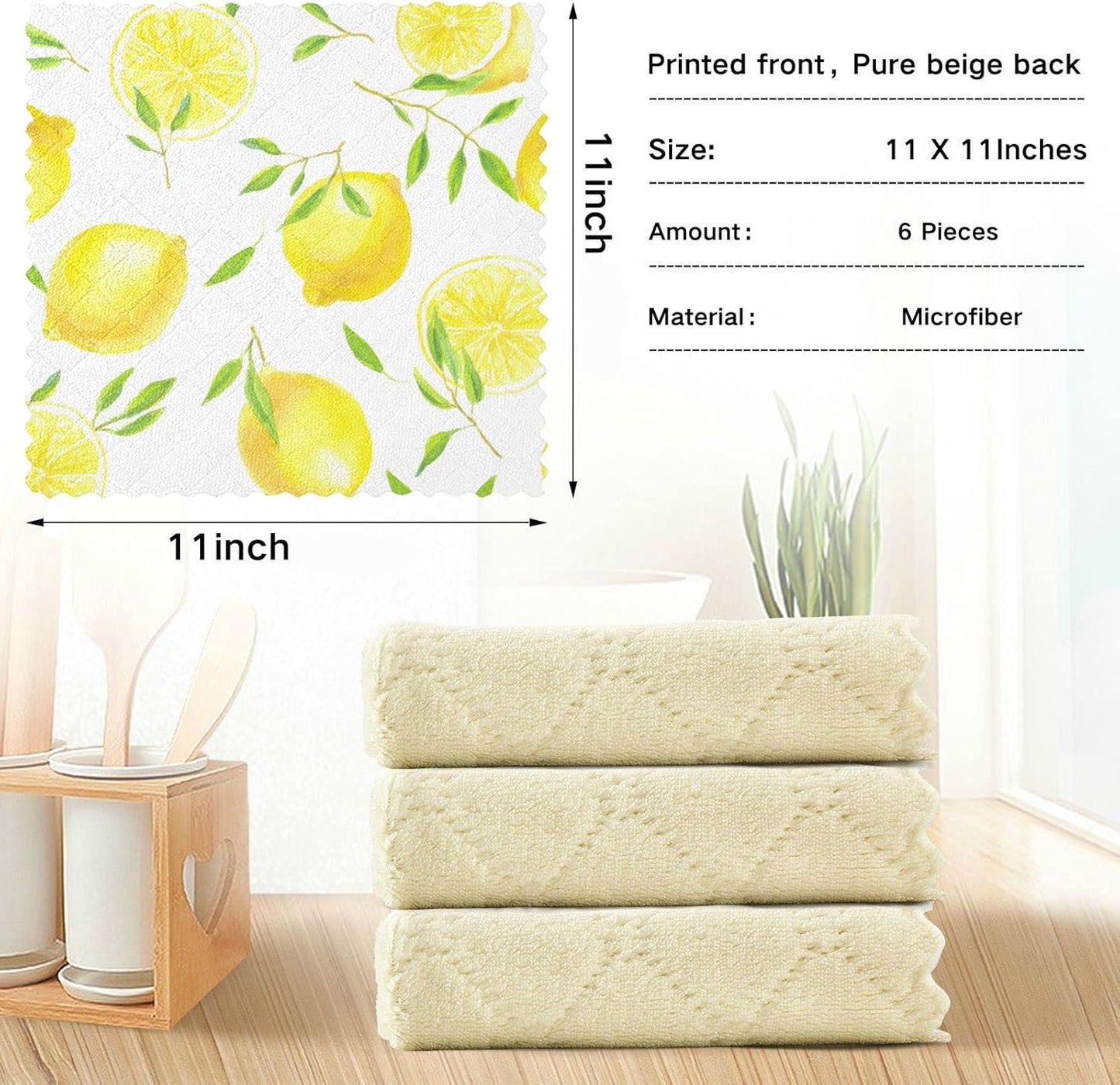 Lemons Leaves Kitchen Dish Cloths, 6 Pack Reusable Dish Rags for Washing Dishes, Microfiber Cleaning Cloths Dish Towels Washcloths for Kitchen Drying