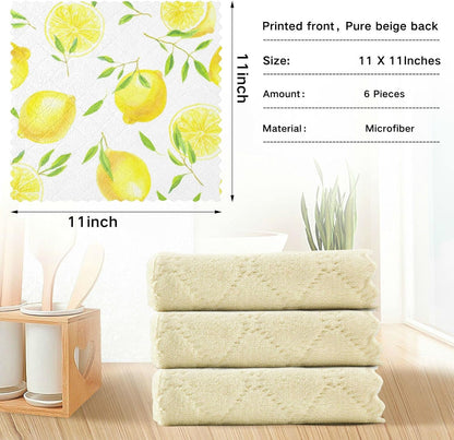 Lemons Leaves Kitchen Dish Cloths, 6 Pack Reusable Dish Rags for Washing Dishes, Microfiber Cleaning Cloths Dish Towels Washcloths for Kitchen Drying