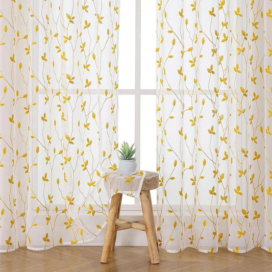 Yellow Leaf Patterned Sheer Curtains 96 Inches Long 2 Panels Set for Living Room, Rod Pocket Spring Light Filtering Faux Linen Embroidered Floral Curtains for Bedroom Dining Room