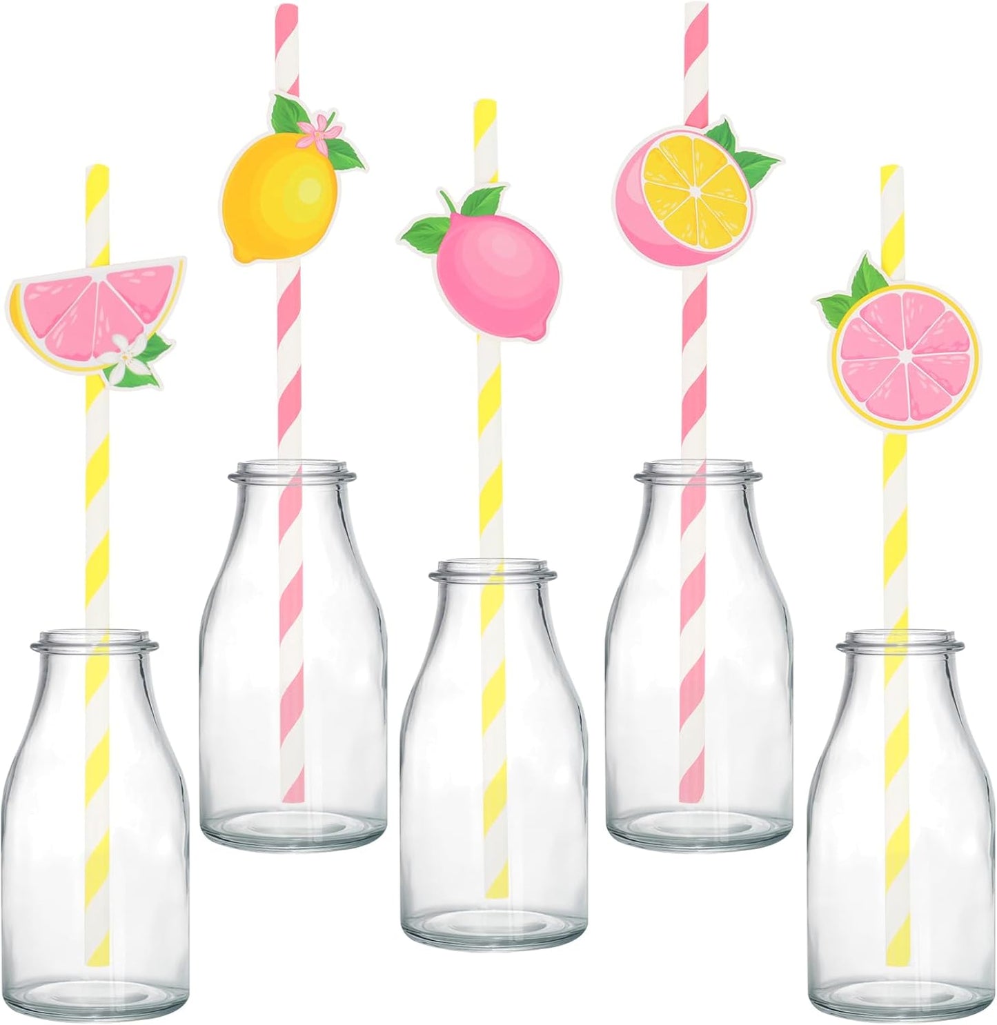50Pcs Lemon Paper Straws, Lemon Birthday Party Decorations Pink Striped Drinking Straws for Lemon Baby Shower She Found Her Main Squeeze Bridal Shower Wedding Bachelorette