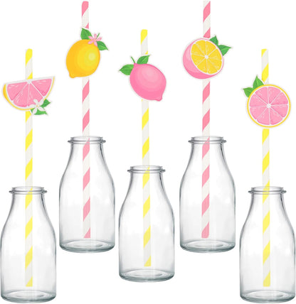 50Pcs Lemon Paper Straws, Lemon Birthday Party Decorations Pink Striped Drinking Straws for Lemon Baby Shower She Found Her Main Squeeze Bridal Shower Wedding Bachelorette