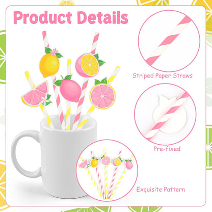 50Pcs Lemon Paper Straws, Lemon Birthday Party Decorations Pink Striped Drinking Straws for Lemon Baby Shower She Found Her Main Squeeze Bridal Shower Wedding Bachelorette