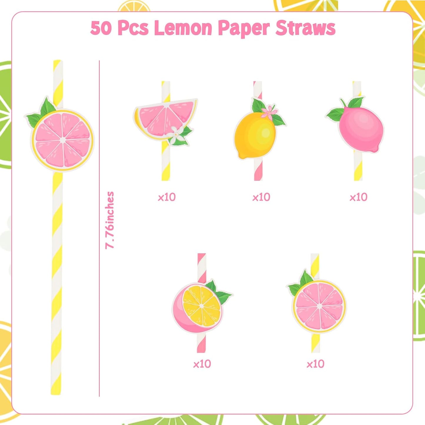 50Pcs Lemon Paper Straws, Lemon Birthday Party Decorations Pink Striped Drinking Straws for Lemon Baby Shower She Found Her Main Squeeze Bridal Shower Wedding Bachelorette