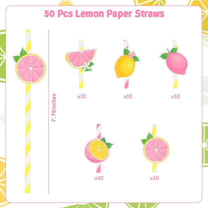50Pcs Lemon Paper Straws, Lemon Birthday Party Decorations Pink Striped Drinking Straws for Lemon Baby Shower She Found Her Main Squeeze Bridal Shower Wedding Bachelorette