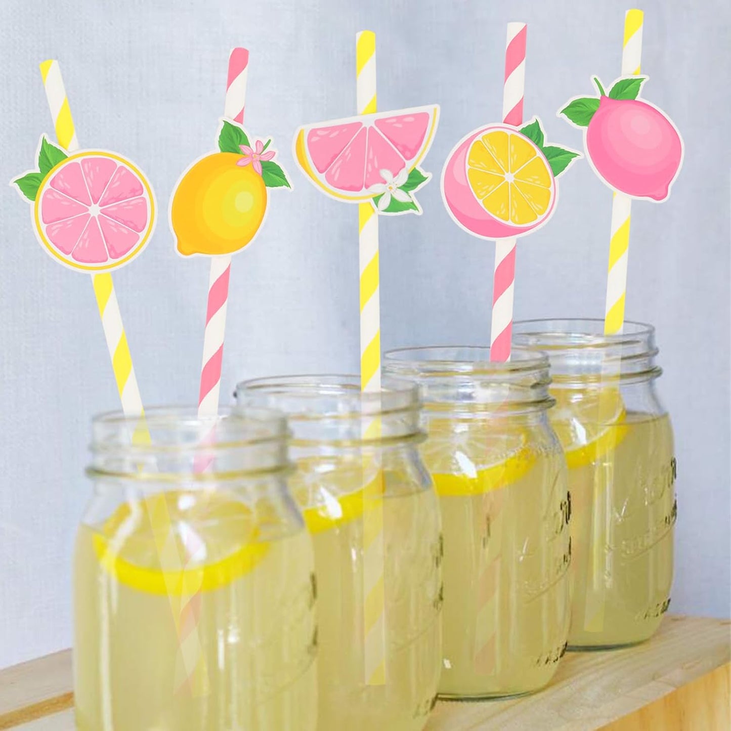 50Pcs Lemon Paper Straws, Lemon Birthday Party Decorations Pink Striped Drinking Straws for Lemon Baby Shower She Found Her Main Squeeze Bridal Shower Wedding Bachelorette