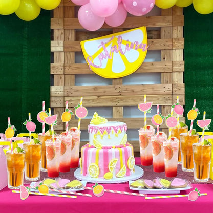 50Pcs Lemon Paper Straws, Lemon Birthday Party Decorations Pink Striped Drinking Straws for Lemon Baby Shower She Found Her Main Squeeze Bridal Shower Wedding Bachelorette