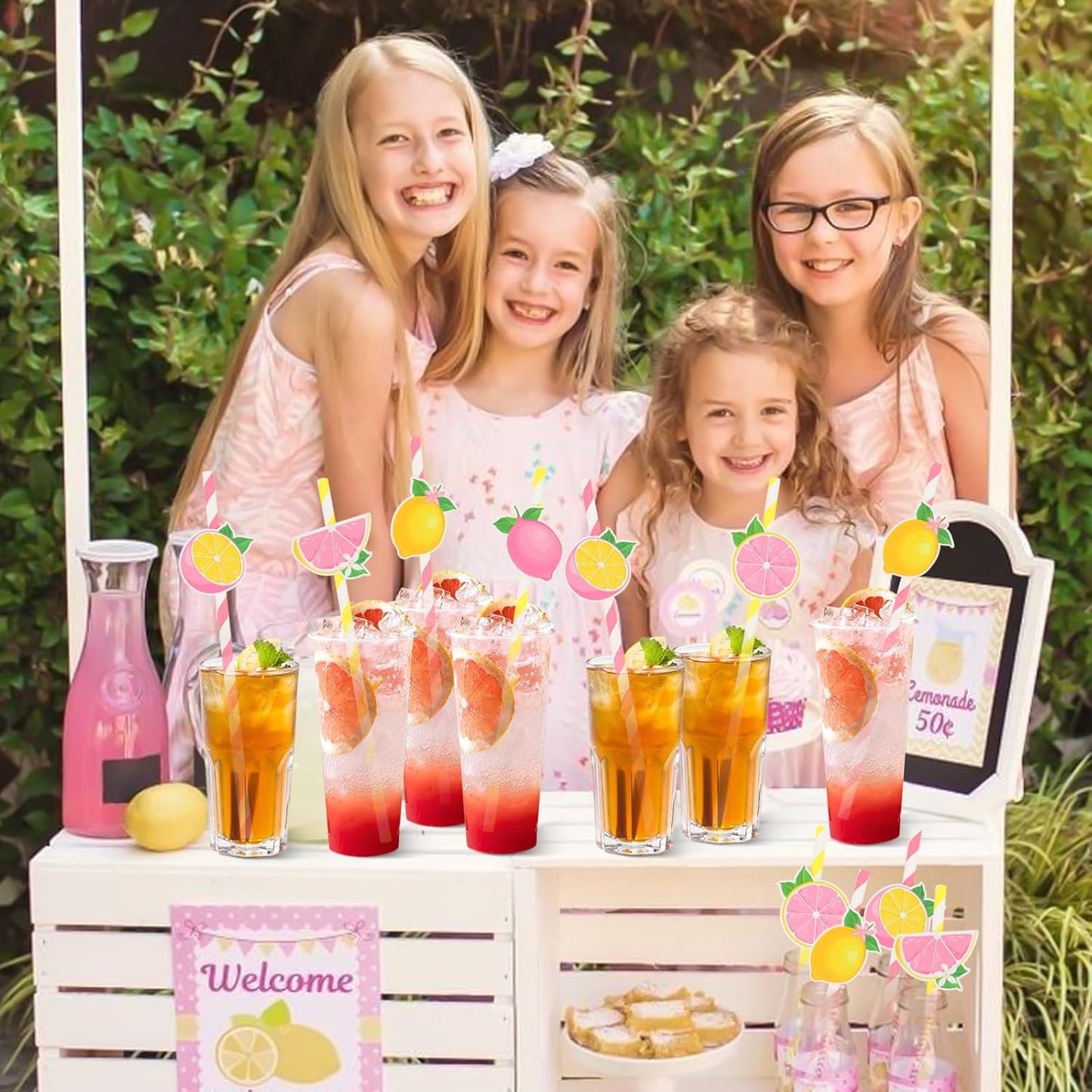 50Pcs Lemon Paper Straws, Lemon Birthday Party Decorations Pink Striped Drinking Straws for Lemon Baby Shower She Found Her Main Squeeze Bridal Shower Wedding Bachelorette