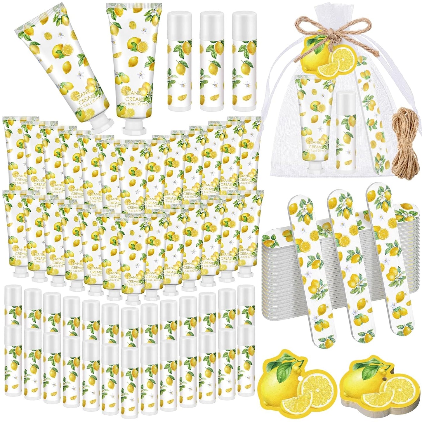 24 Sets Lemon Hand Cream and Lip Balm Bridal Baby Shower Party Favors Bulk Summer Lemon Travel Size Hand Lotion Lip Balm Nail File Gifts Set Bridal Shower Wedding Party Supplies for Guests