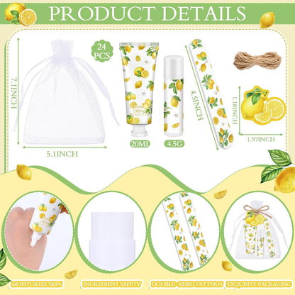 24 Sets Lemon Hand Cream and Lip Balm Bridal Baby Shower Party Favors Bulk Summer Lemon Travel Size Hand Lotion Lip Balm Nail File Gifts Set Bridal Shower Wedding Party Supplies for Guests